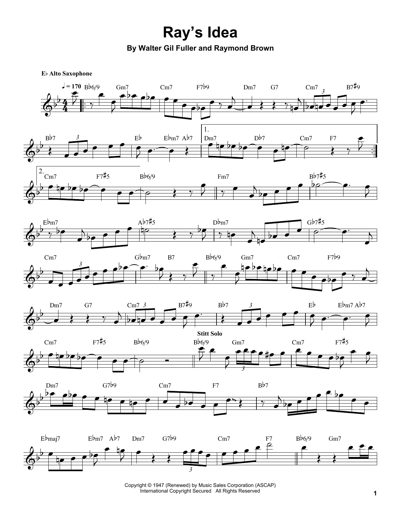 Sonny Stitt Ray's Idea Sheet Music Notes & Chords for Tenor Sax Transcription - Download or Print PDF