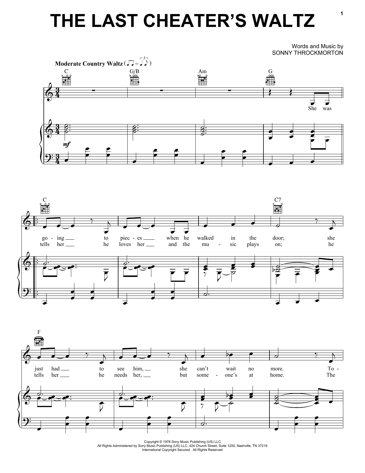 Sonny Throckmorton The Last Cheater's Waltz Sheet Music Notes & Chords for Piano, Vocal & Guitar Chords (Right-Hand Melody) - Download or Print PDF