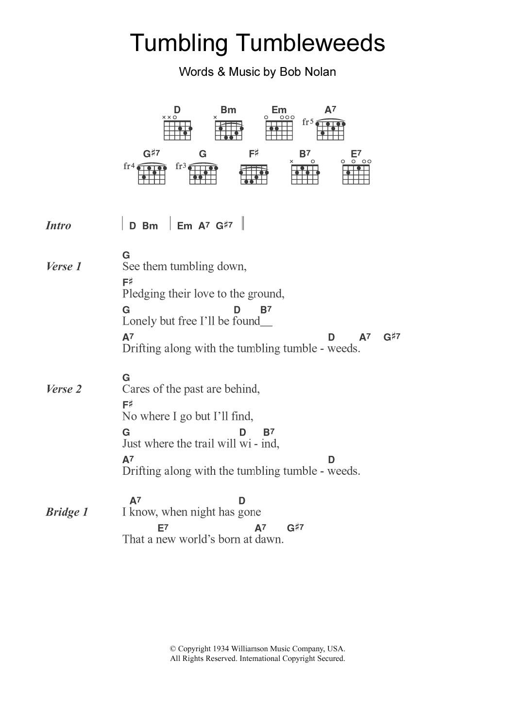 The Sons Of Pioneers Tumbling Tumbleweeds Sheet Music Notes & Chords for Lyrics & Chords - Download or Print PDF