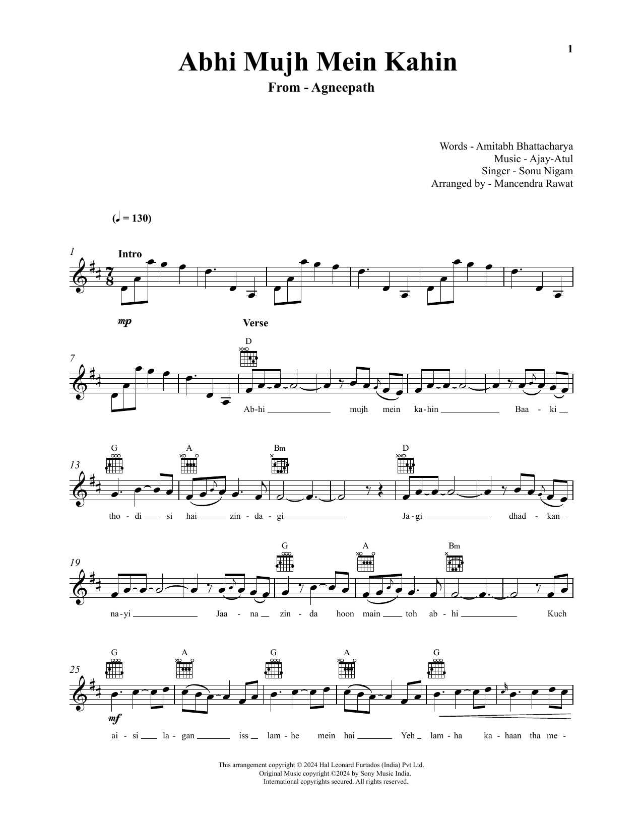 Sonu Nigam Abhi Mujh Mein Kahin (from Agneepath) Sheet Music Notes & Chords for Lead Sheet / Fake Book - Download or Print PDF