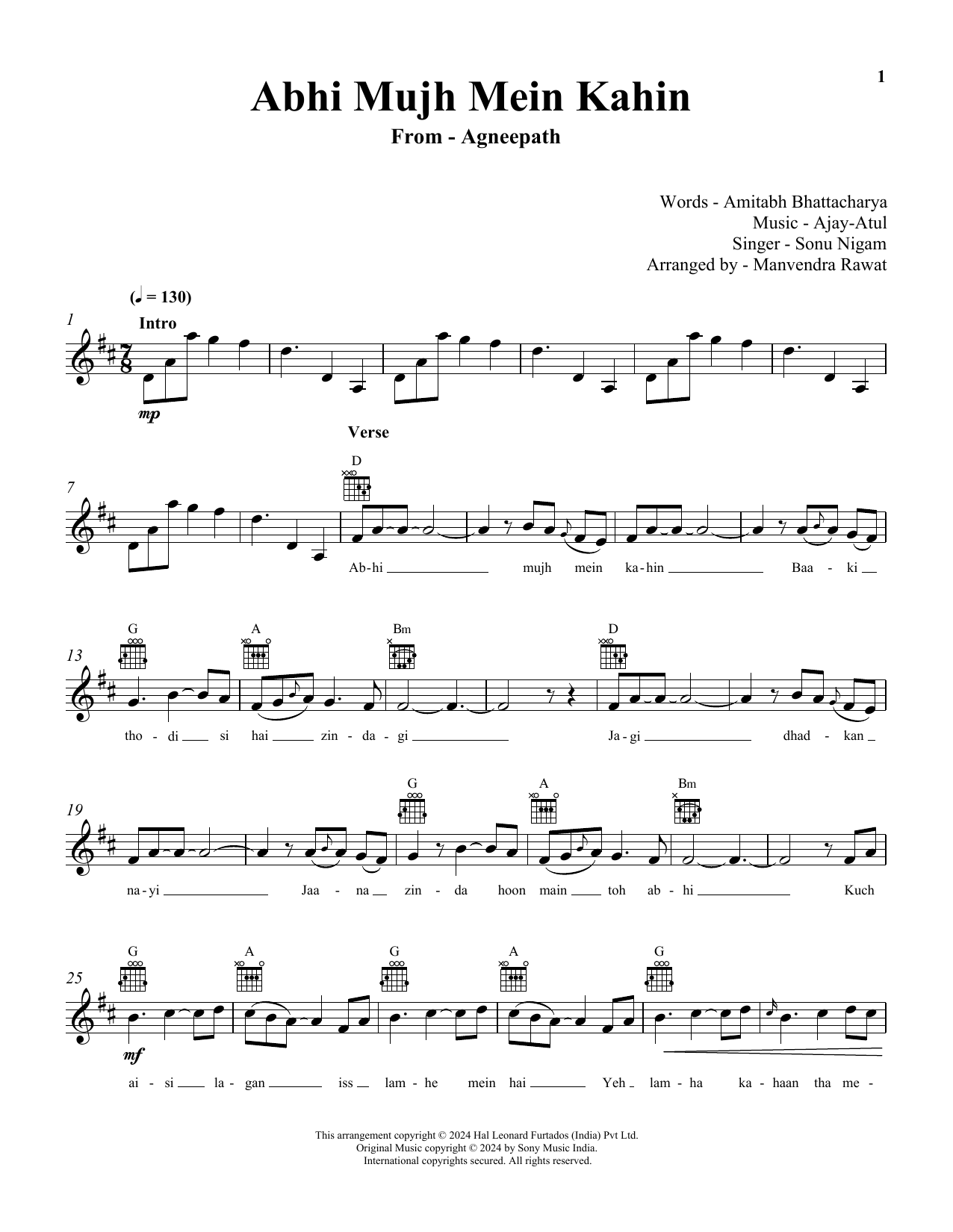 Sonu Nigam Abhi Mujh Mein Kahin (from Agneepath) Sheet Music Notes & Chords for Lead Sheet / Fake Book - Download or Print PDF