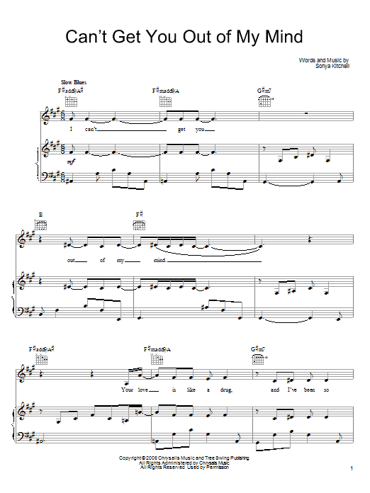 Sonya Kitchell Can't Get You Out Of My Mind Sheet Music Notes & Chords for Piano, Vocal & Guitar (Right-Hand Melody) - Download or Print PDF Sonya Kitchell Can't Get You Out Of My Mind Sheet Music Notes & Chords for Piano, Vocal & Guitar (Right-Hand Melody) - Download or Print PDF