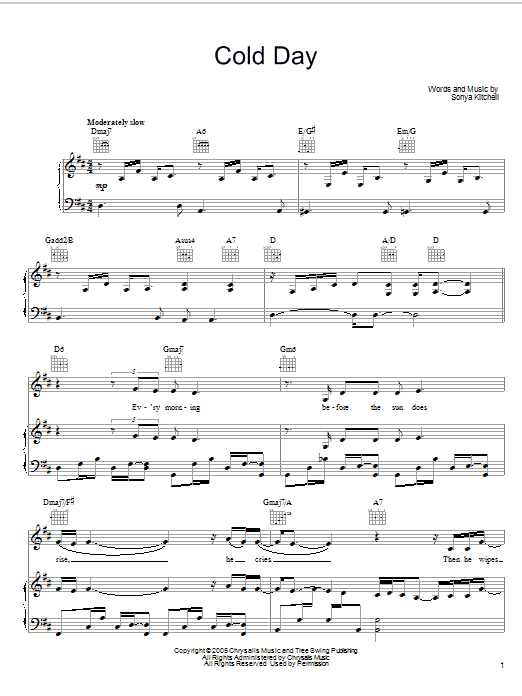 Sonya Kitchell Cold Day Sheet Music Notes & Chords for Piano, Vocal & Guitar (Right-Hand Melody) - Download or Print PDF Sonya Kitchell Cold Day Sheet Music Notes & Chords for Piano, Vocal & Guitar (Right-Hand Melody) - Download or Print PDF