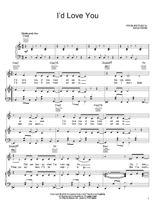 Sonya Kitchell I'd Love You Sheet Music Notes & Chords for Piano, Vocal & Guitar (Right-Hand Melody) - Download or Print PDF Sonya Kitchell I'd Love You Sheet Music Notes & Chords for Piano, Vocal & Guitar (Right-Hand Melody) - Download or Print PDF