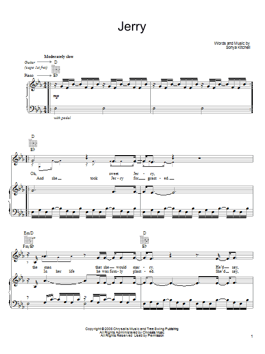 Sonya Kitchell Jerry Sheet Music Notes & Chords for Piano, Vocal & Guitar (Right-Hand Melody) - Download or Print PDF Sonya Kitchell Jerry Sheet Music Notes & Chords for Piano, Vocal & Guitar (Right-Hand Melody) - Download or Print PDF