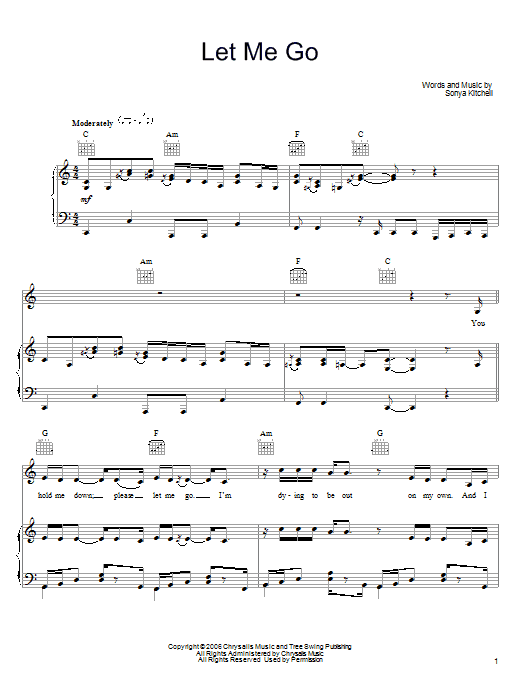 Sonya Kitchell Let Me Go Sheet Music Notes & Chords for Piano, Vocal & Guitar (Right-Hand Melody) - Download or Print PDF