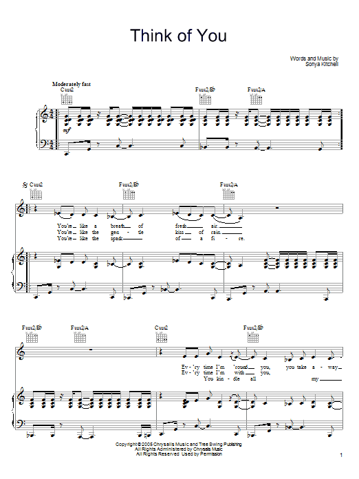 Sonya Kitchell Think Of You Sheet Music Notes & Chords for Piano, Vocal & Guitar (Right-Hand Melody) - Download or Print PDF Sonya Kitchell Think Of You Sheet Music Notes & Chords for Piano, Vocal & Guitar (Right-Hand Melody) - Download or Print PDF