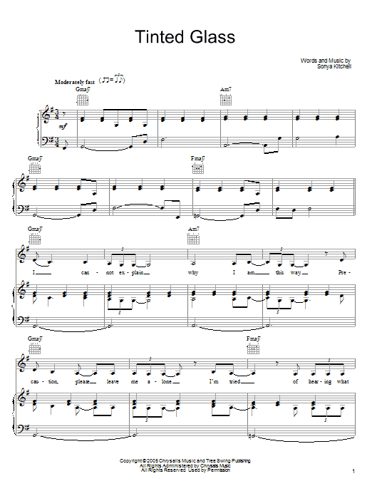 Sonya Kitchell Tinted Glass Sheet Music Notes & Chords for Piano, Vocal & Guitar (Right-Hand Melody) - Download or Print PDF Sonya Kitchell Tinted Glass Sheet Music Notes & Chords for Piano, Vocal & Guitar (Right-Hand Melody) - Download or Print PDF