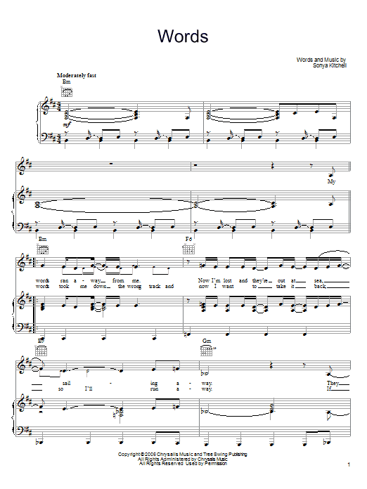 Sonya Kitchell Words Sheet Music Notes & Chords for Piano, Vocal & Guitar (Right-Hand Melody) - Download or Print PDF Sonya Kitchell Words Sheet Music Notes & Chords for Piano, Vocal & Guitar (Right-Hand Melody) - Download or Print PDF