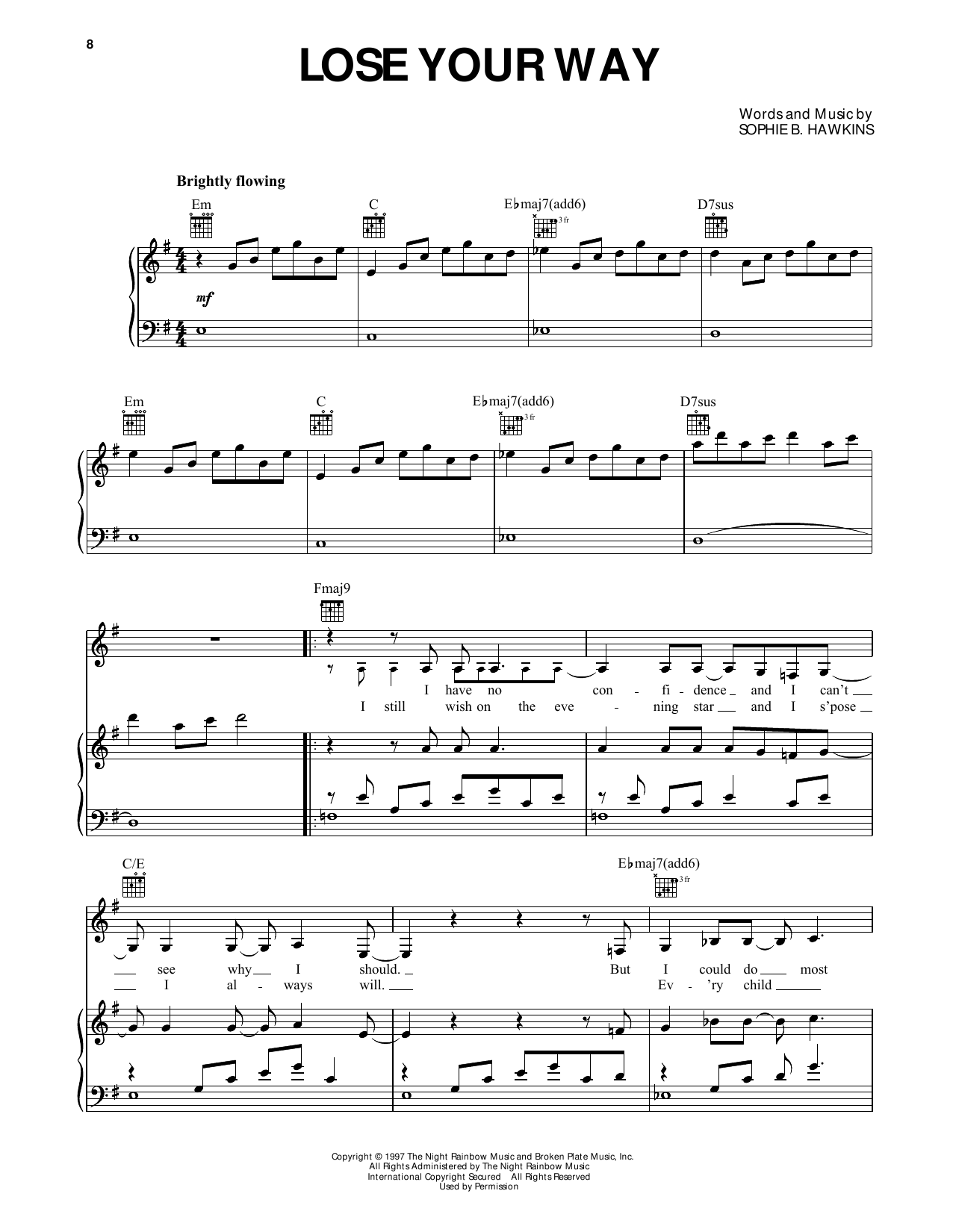 Sophie B. Hawkins Lose Your Way (from Dawson's Creek) Sheet Music Notes & Chords for Piano, Vocal & Guitar Chords (Right-Hand Melody) - Download or Print PDF