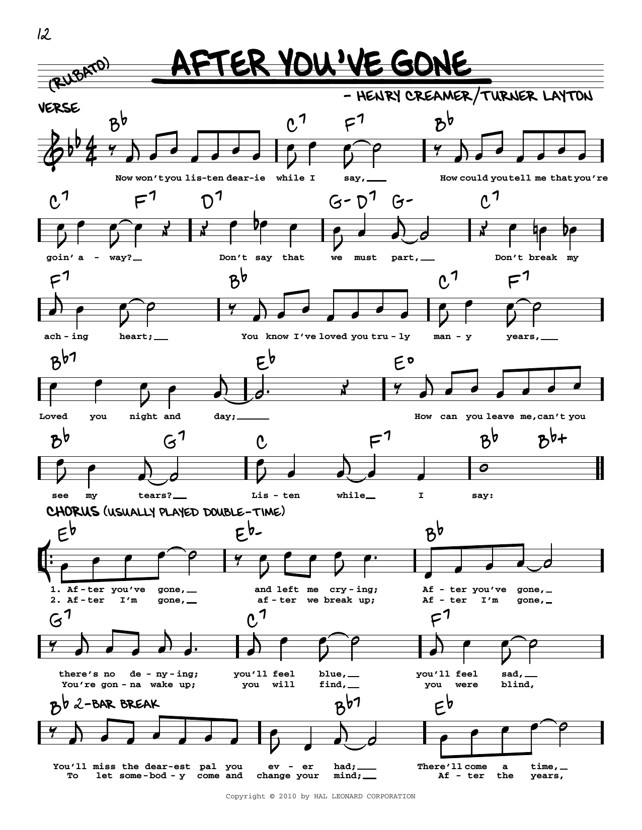 Sophie Tucker After You've Gone (arr. Robert Rawlins) Sheet Music Notes & Chords for Real Book – Melody, Lyrics & Chords - Download or Print PDF