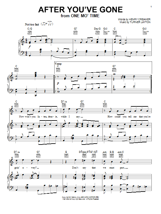 Sophie Tucker After You've Gone Sheet Music Notes & Chords for Melody Line, Lyrics & Chords - Download or Print PDF