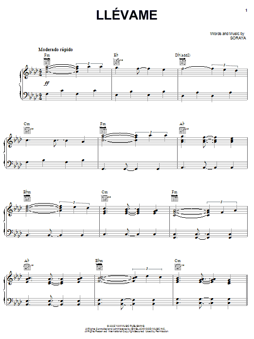 Soraya Llevame Sheet Music Notes & Chords for Piano, Vocal & Guitar (Right-Hand Melody) - Download or Print PDF