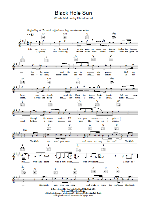 Soundgarden Black Hole Sun Sheet Music Notes & Chords for Melody Line, Lyrics & Chords - Download or Print PDF