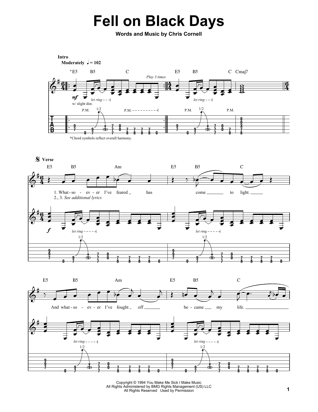 Soundgarden Fell On Black Days Sheet Music Notes & Chords for Lyrics & Chords - Download or Print PDF