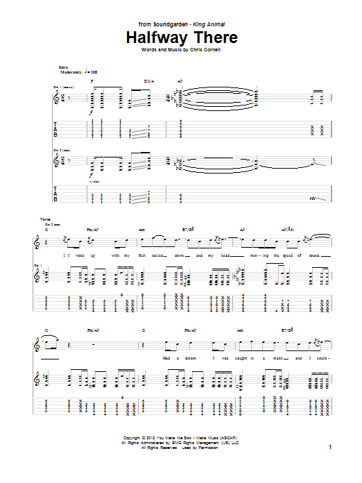 Soundgarden Halfway There Sheet Music Notes & Chords for Guitar Tab - Download or Print PDF