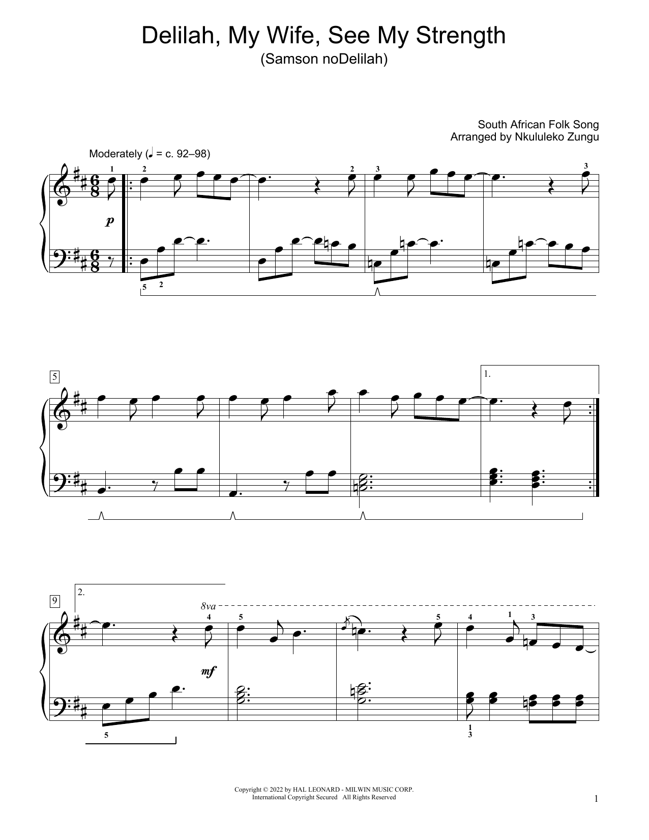 South African folk song Delilah, My Wife, See My Strength (Samson Nodelilah) (arr. Nkululeko Zungu) Sheet Music Notes & Chords for Educational Piano - Download or Print PDF