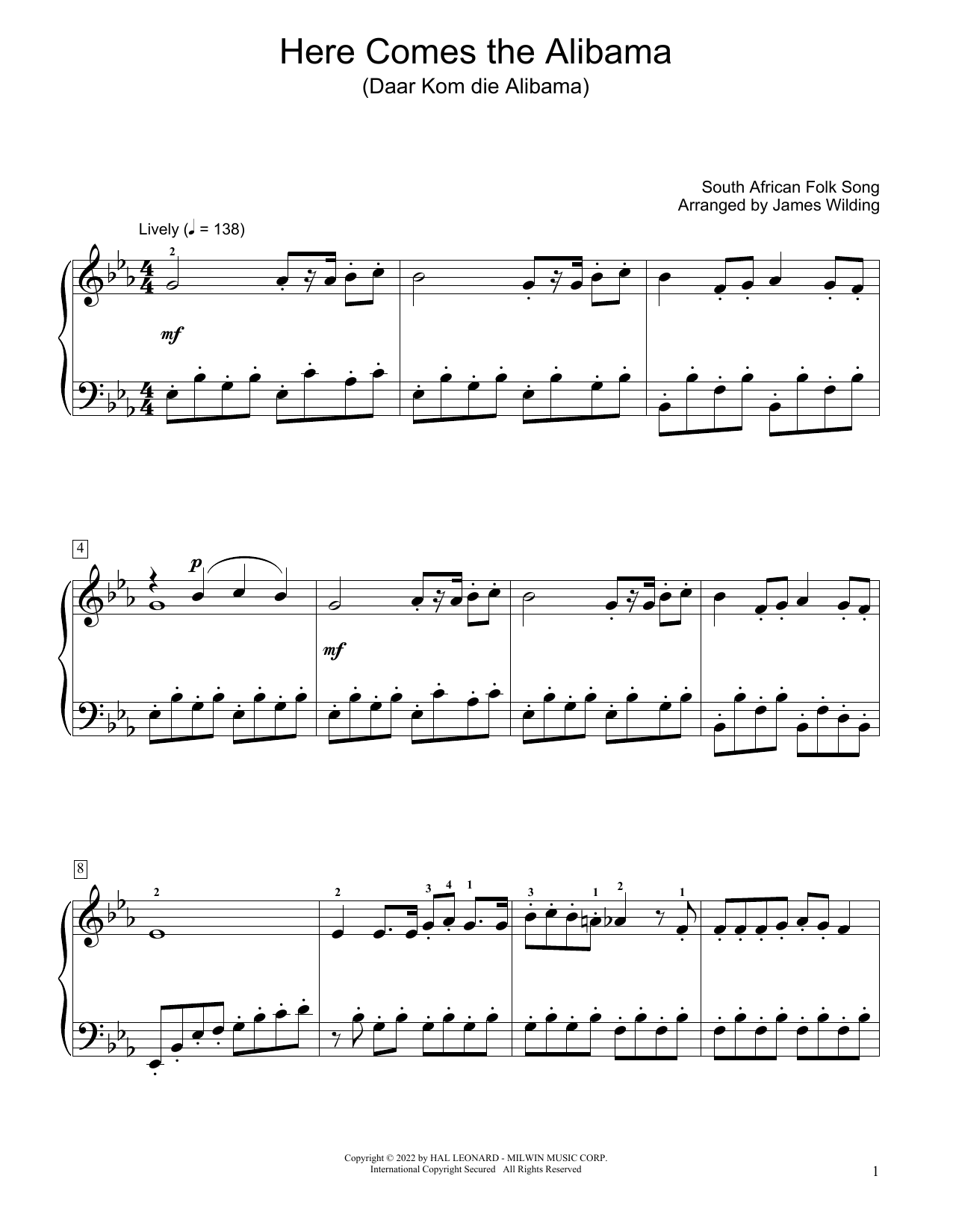 South African folk song Here Comes The Alibama (Daar Kom Die Alibama) (arr. James Wilding) Sheet Music Notes & Chords for Educational Piano - Download or Print PDF