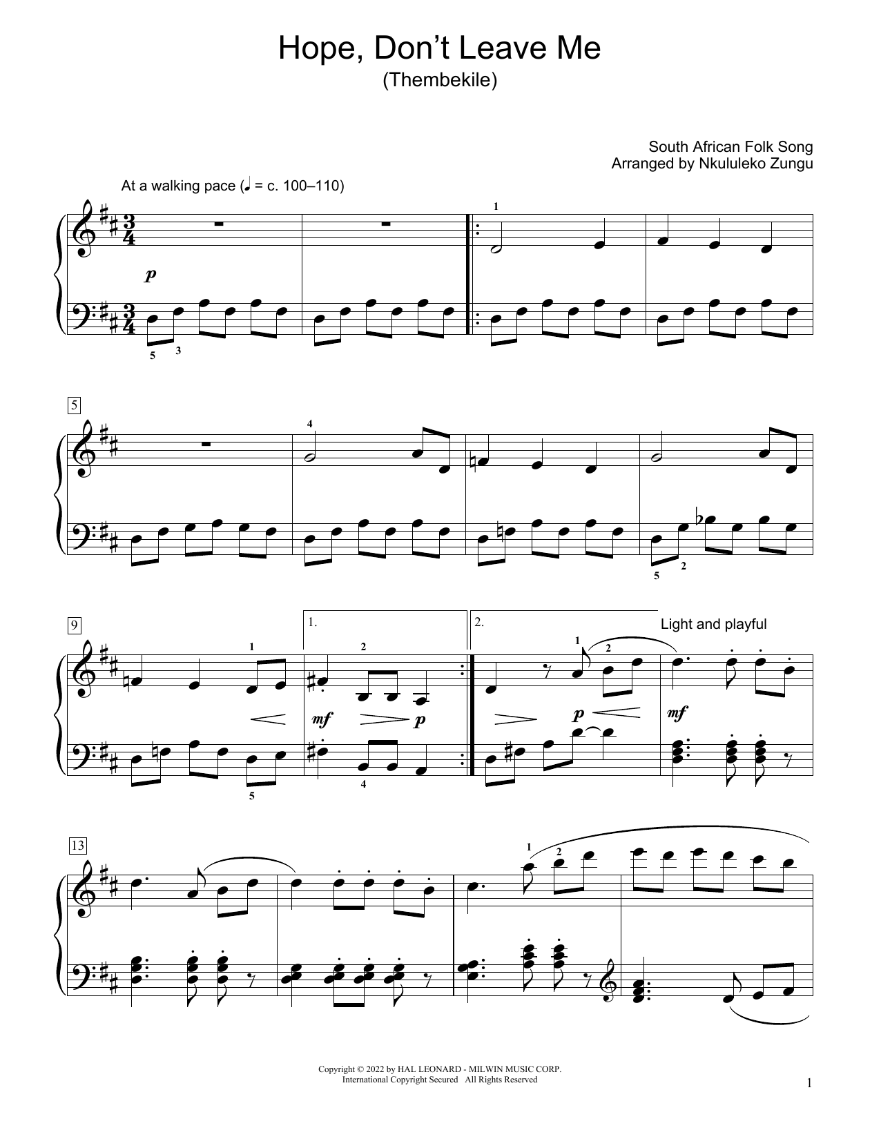 South African folk song Hope, Don't Leave Me (Thembekile) (arr. Nkululeko Zungu) Sheet Music Notes & Chords for Educational Piano - Download or Print PDF