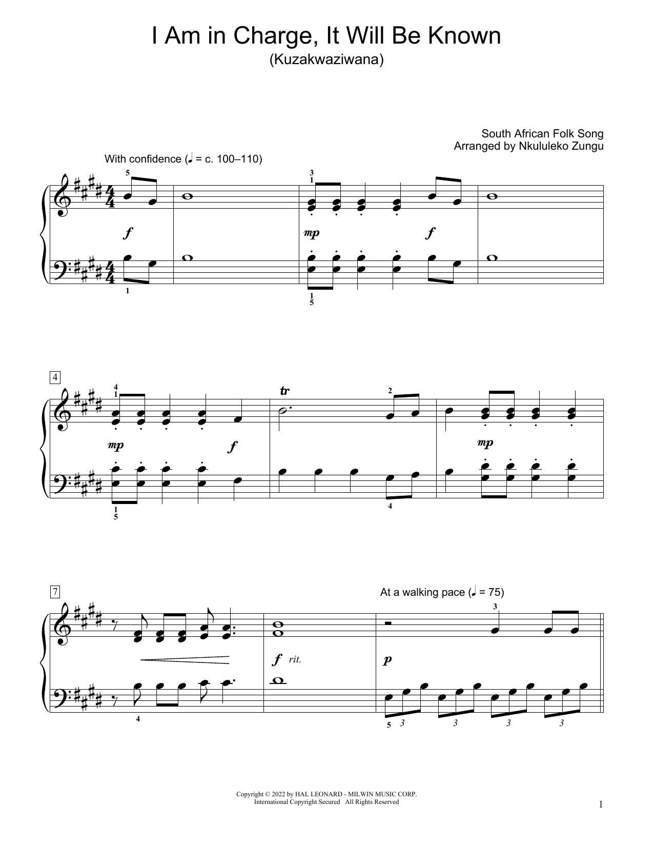 South African folk song I Am In Charge, It Will Be Known (Kuzakwaziwana) (arr. Nkululeko Zungu) Sheet Music Notes & Chords for Educational Piano - Download or Print PDF
