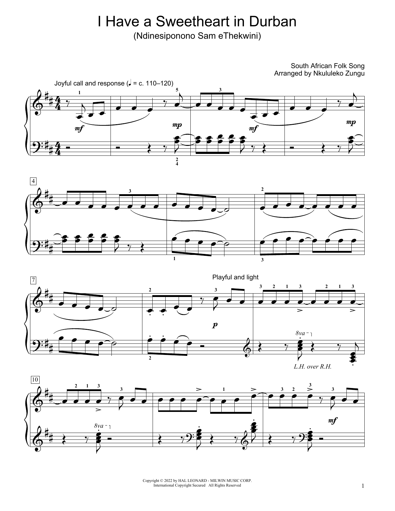 South African folk song I Have A Sweetheart In Durban (Ndinesiponono Sam Ethekwini) (arr. Nkululeko Zungu) Sheet Music Notes & Chords for Educational Piano - Download or Print PDF