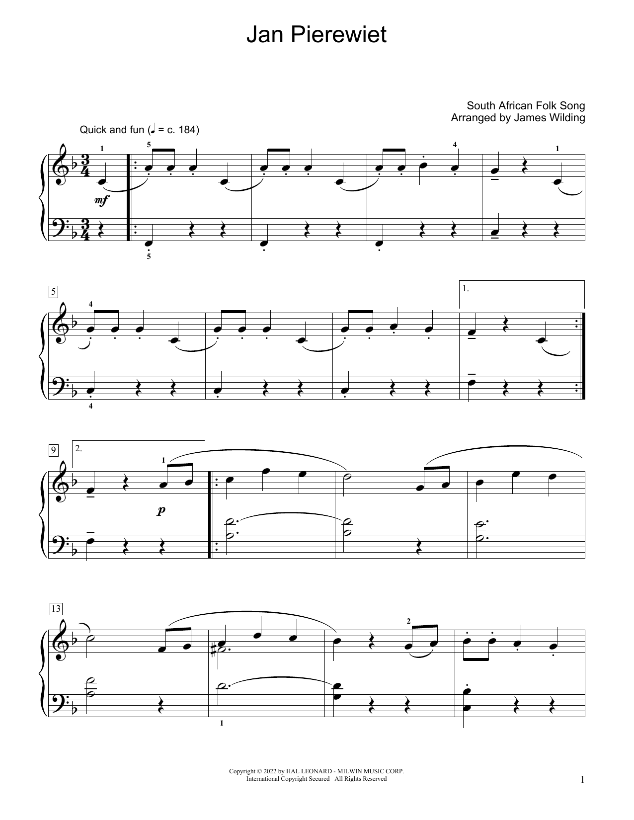 South African folk song Jan Pierewiet (arr. James Wilding) Sheet Music Notes & Chords for Educational Piano - Download or Print PDF