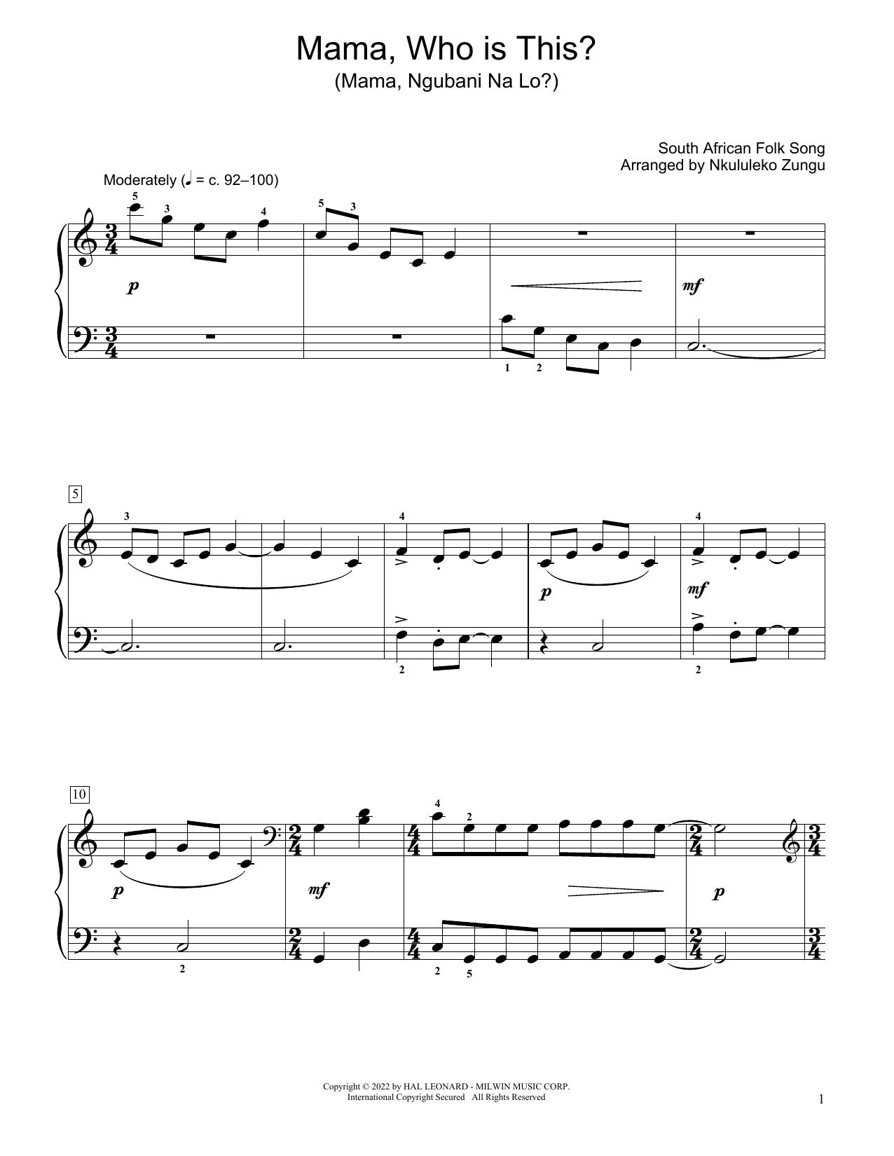South African folk song Mama, Who Is This? (Mama Ngubani Na Lo) (arr. Nkululeko Zungu) Sheet Music Notes & Chords for Educational Piano - Download or Print PDF South African folk song Mama, Who Is This? (Mama Ngubani Na Lo) (arr. Nkululeko Zungu) Sheet Music Notes & Chords for Educational Piano - Download or Print PDF