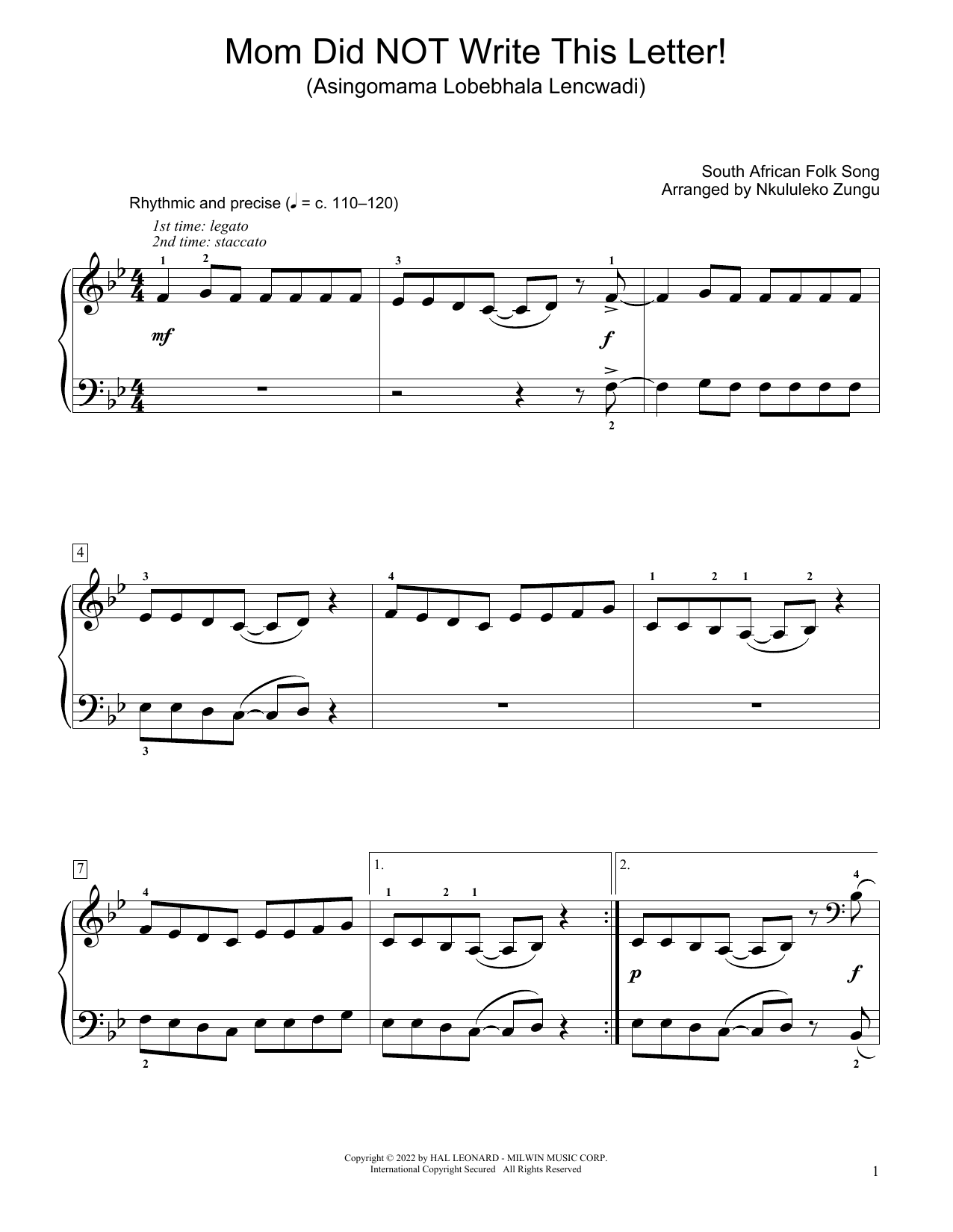 South African folk song Mom Did Not Write This Letter! (Asingomama Lobebhala Lencwadi) (arr. Nkululeko Zungu) Sheet Music Notes & Chords for Educational Piano - Download or Print PDF