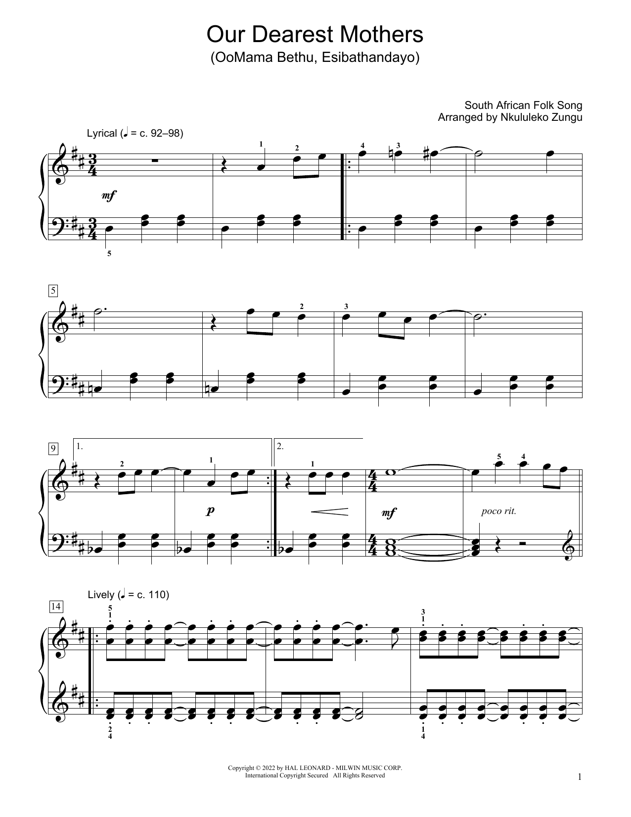South African folk song Our Dearest Mothers (Oomama Bethu Esibathandayo) (arr. Nkululeko Zungu) Sheet Music Notes & Chords for Educational Piano - Download or Print PDF