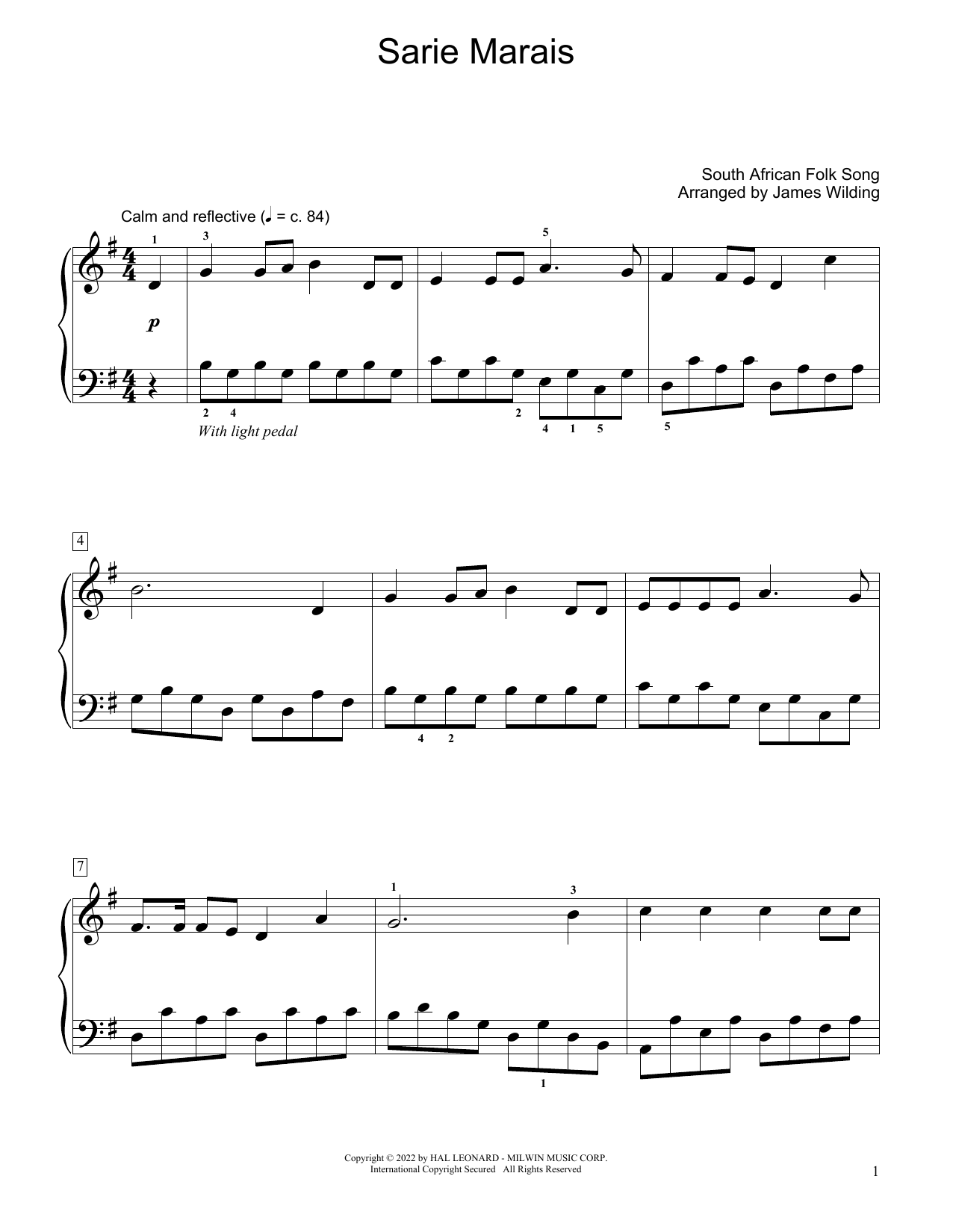South African folk song Sarie Marais (arr. James Wilding) Sheet Music Notes & Chords for Educational Piano - Download or Print PDF South African folk song Sarie Marais (arr. James Wilding) Sheet Music Notes & Chords for Educational Piano - Download or Print PDF