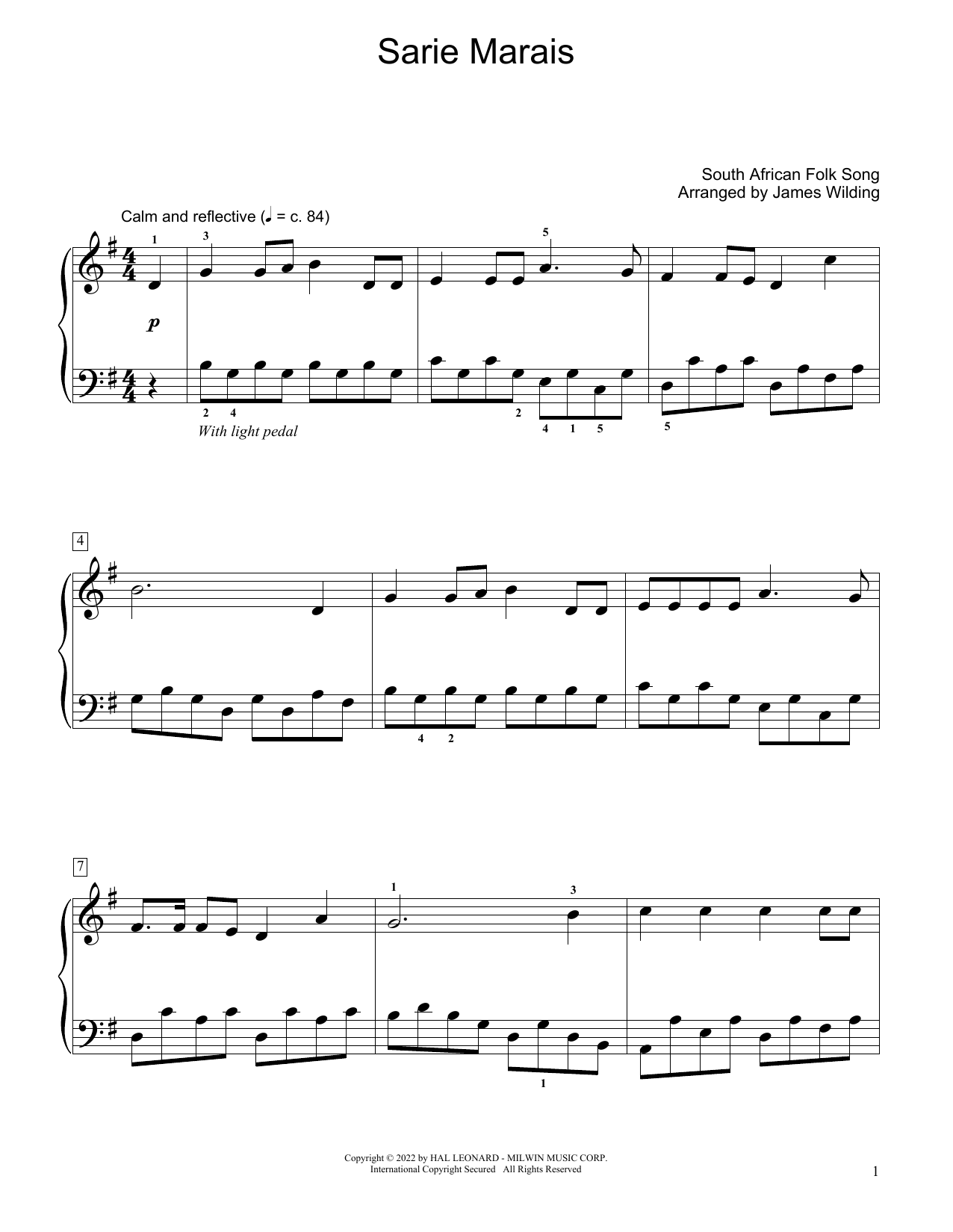 South African folk song Sarie Marais (arr. James Wilding) Sheet Music Notes & Chords for Educational Piano - Download or Print PDF