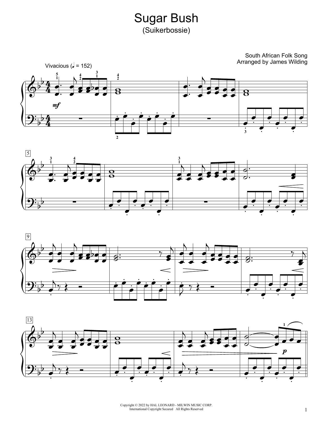 South African folk song Sugar Bush (Suikerbossie) (arr. James Wilding) Sheet Music Notes & Chords for Educational Piano - Download or Print PDF