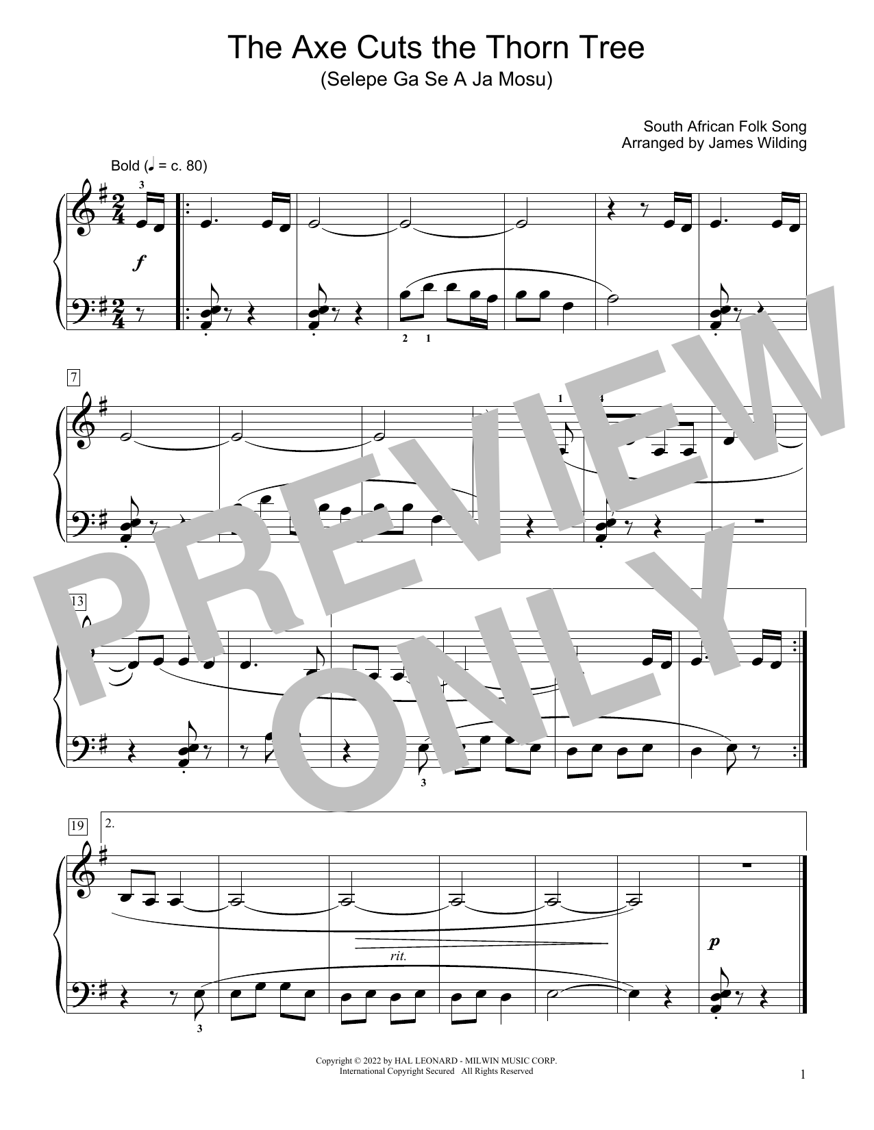 South African folk song The Axe Cuts The Thorn Tree (Selepe Ga Se A Ja Mosu) (arr. James Wilding) Sheet Music Notes & Chords for Educational Piano - Download or Print PDF