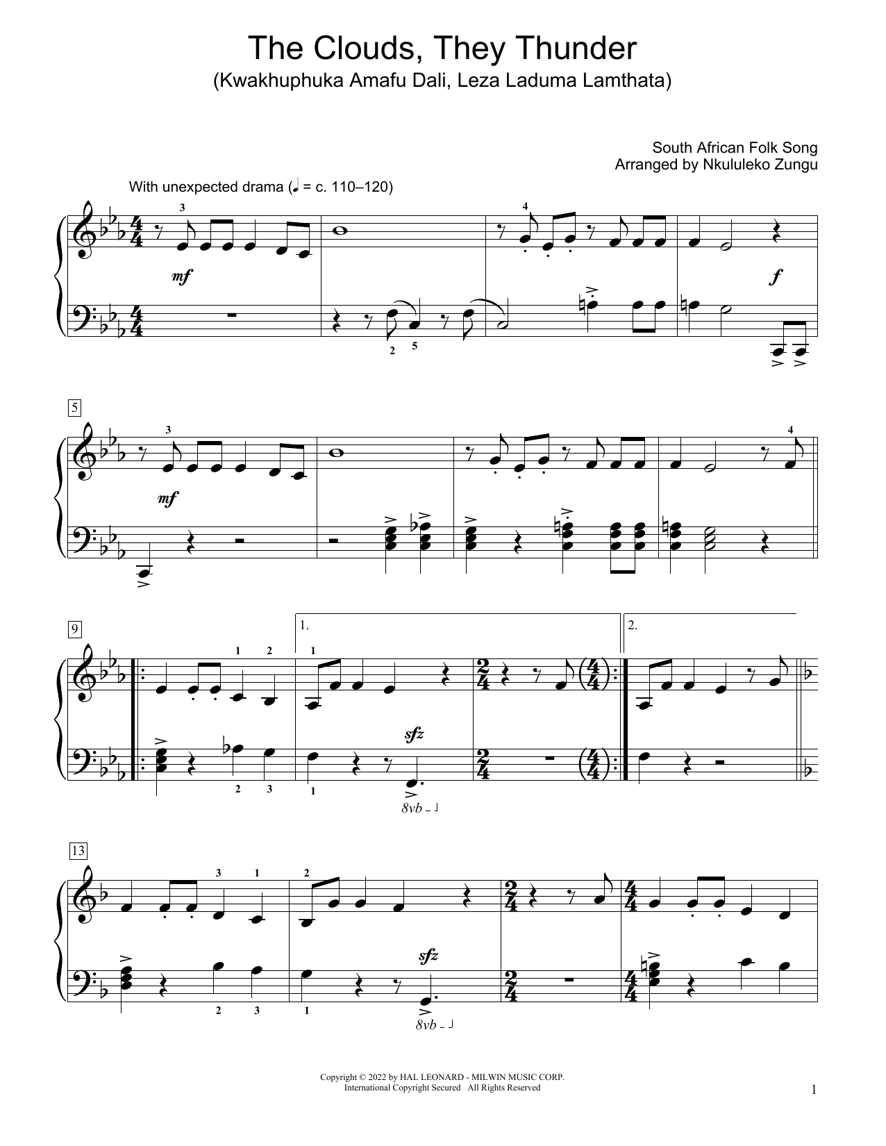 South African folk song The Clouds, They Thunder (Kwakhuphuka Amafu Dali, Leza Laduma Lamthata) (arr. Nkululeko Zungu) Sheet Music Notes & Chords for Educational Piano - Download or Print PDF