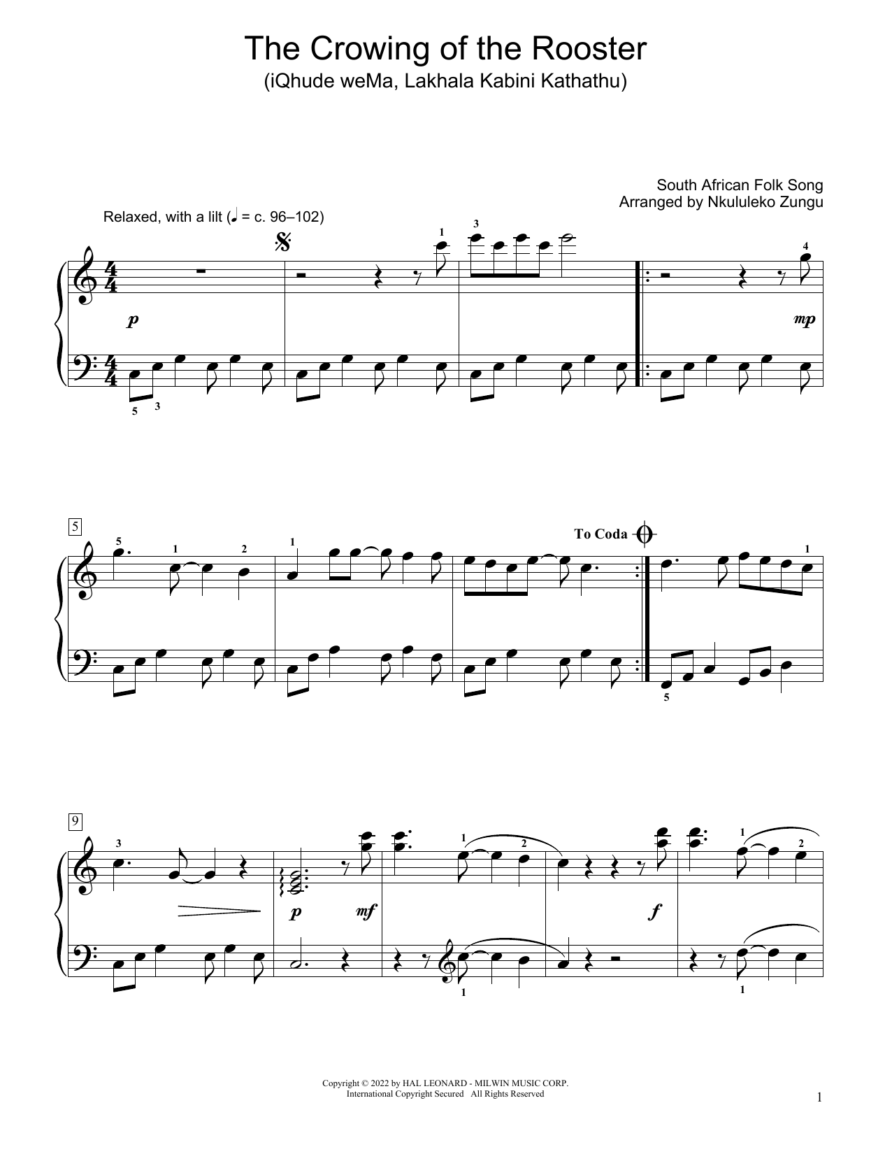 South African folk song The Crowing Of The Rooster (Iqhude Wema, Lakhala Kabini Kathathu) (arr. Nkululeko Zungu) Sheet Music Notes & Chords for Educational Piano - Download or Print PDF