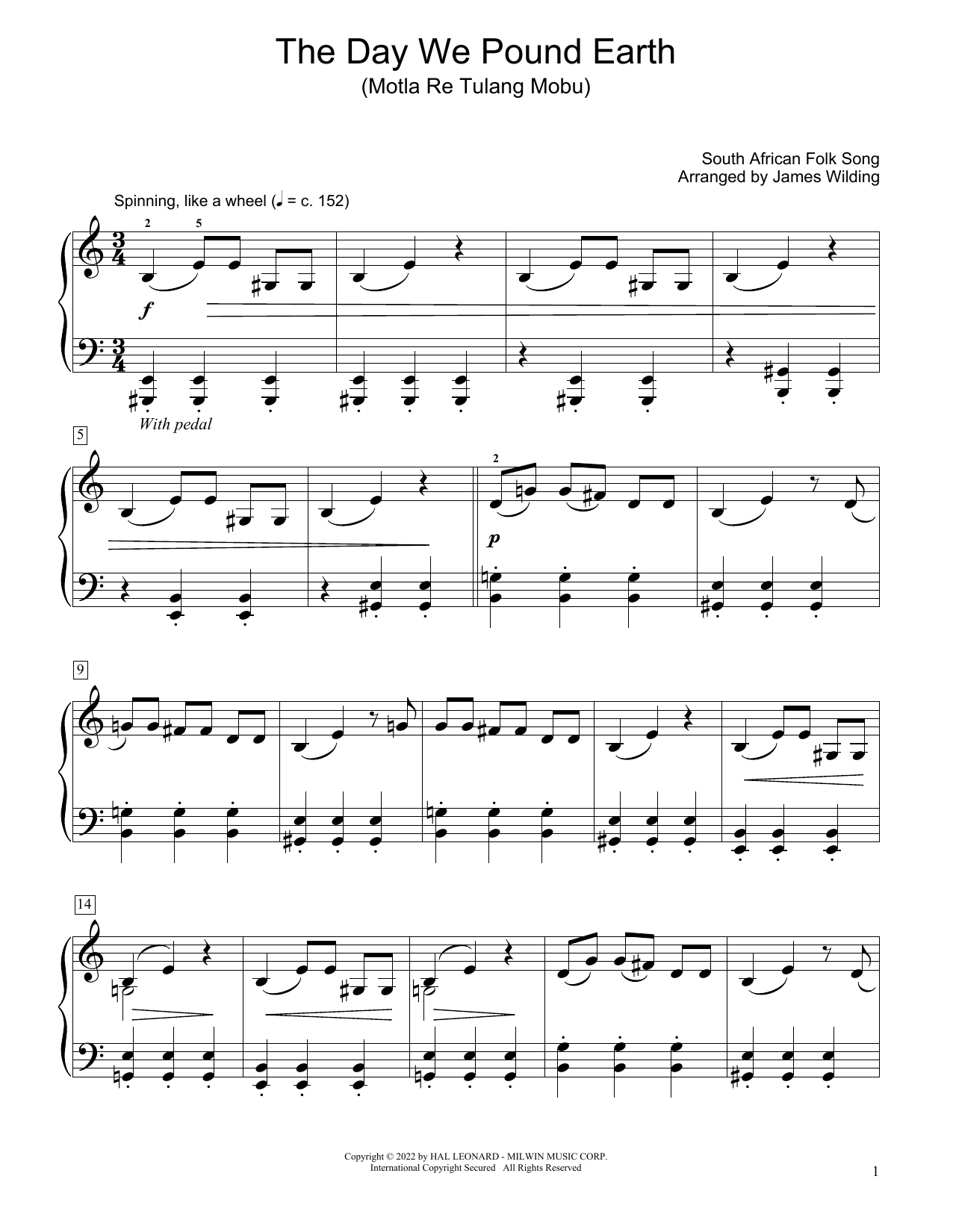 South African folk song The Day We Pound Earth (Motla Re Tulang Mobu) (arr. James Wilding) Sheet Music Notes & Chords for Educational Piano - Download or Print PDF