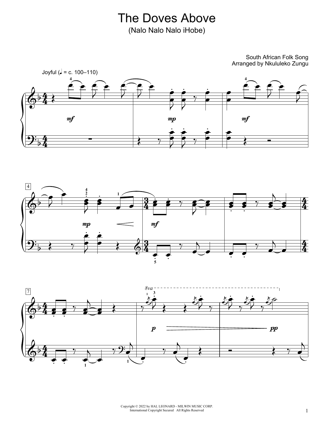 South African folk song The Doves Above (Nalo Nalo Nalo Ihobe) (arr. Nkululeko Zungu) Sheet Music Notes & Chords for Educational Piano - Download or Print PDF