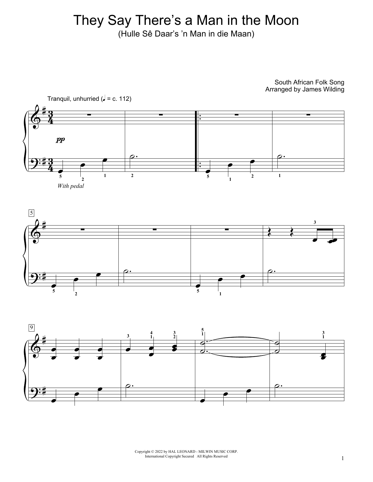 South African folk song They Say There's A Man In The Moon (Hulle Se Daar's 'N Man In Die Maan) (arr. James Wilding) Sheet Music Notes & Chords for Educational Piano - Download or Print PDF