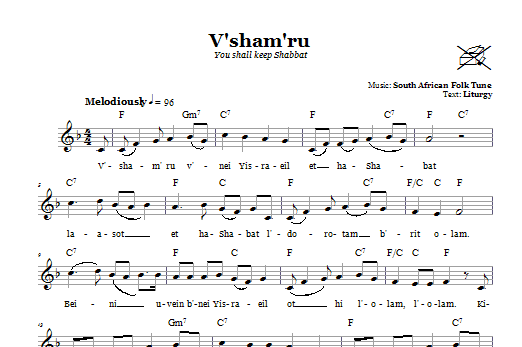 South African Folk Tune V'sham'ru (You Shall Keep Shabbat) Sheet Music Notes & Chords for Melody Line, Lyrics & Chords - Download or Print PDF