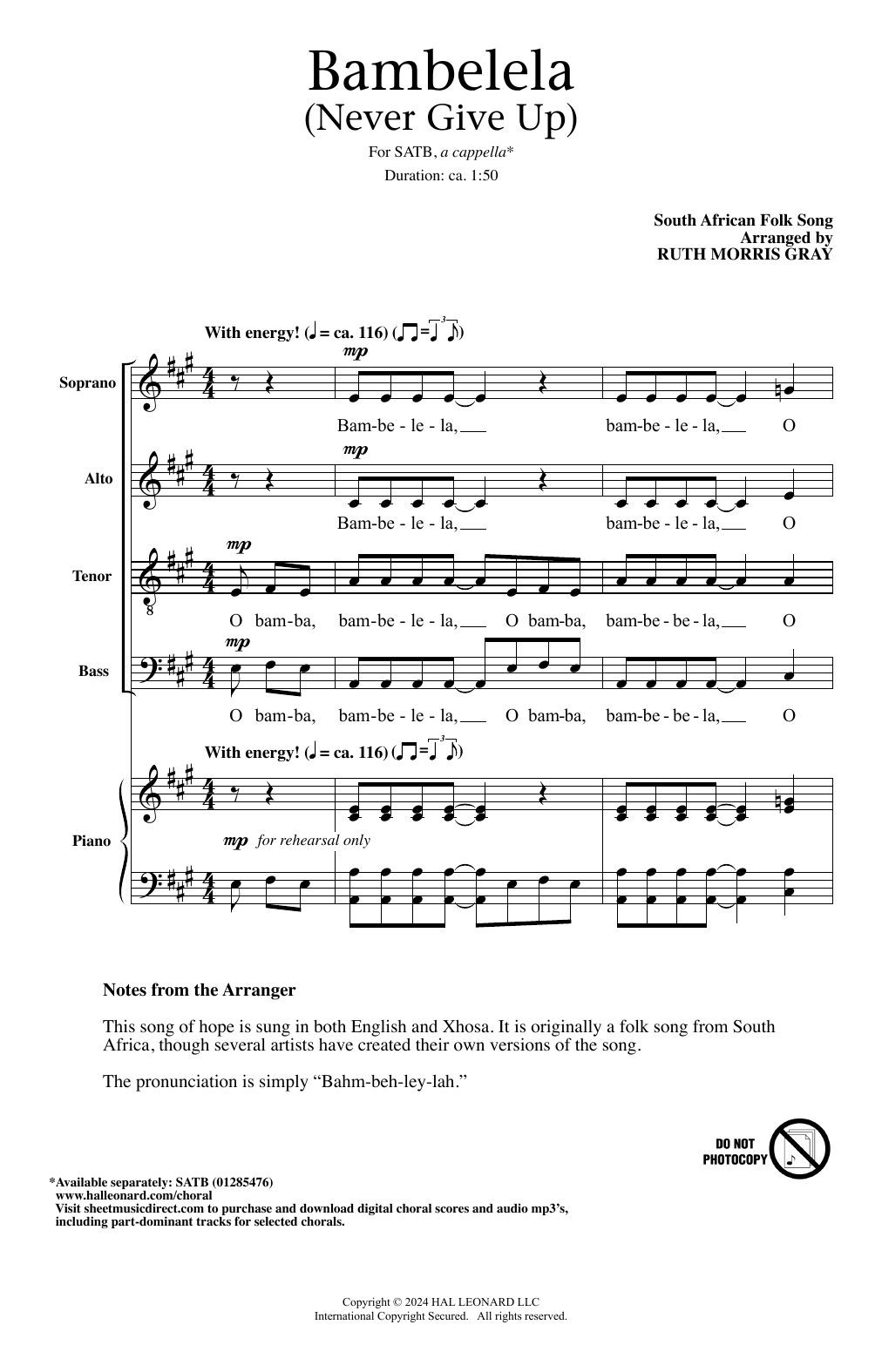 South African Folksong Bambelela (Never Give Up) (arr. Ruth Morris Gray) Sheet Music Notes & Chords for SATB Choir - Download or Print PDF