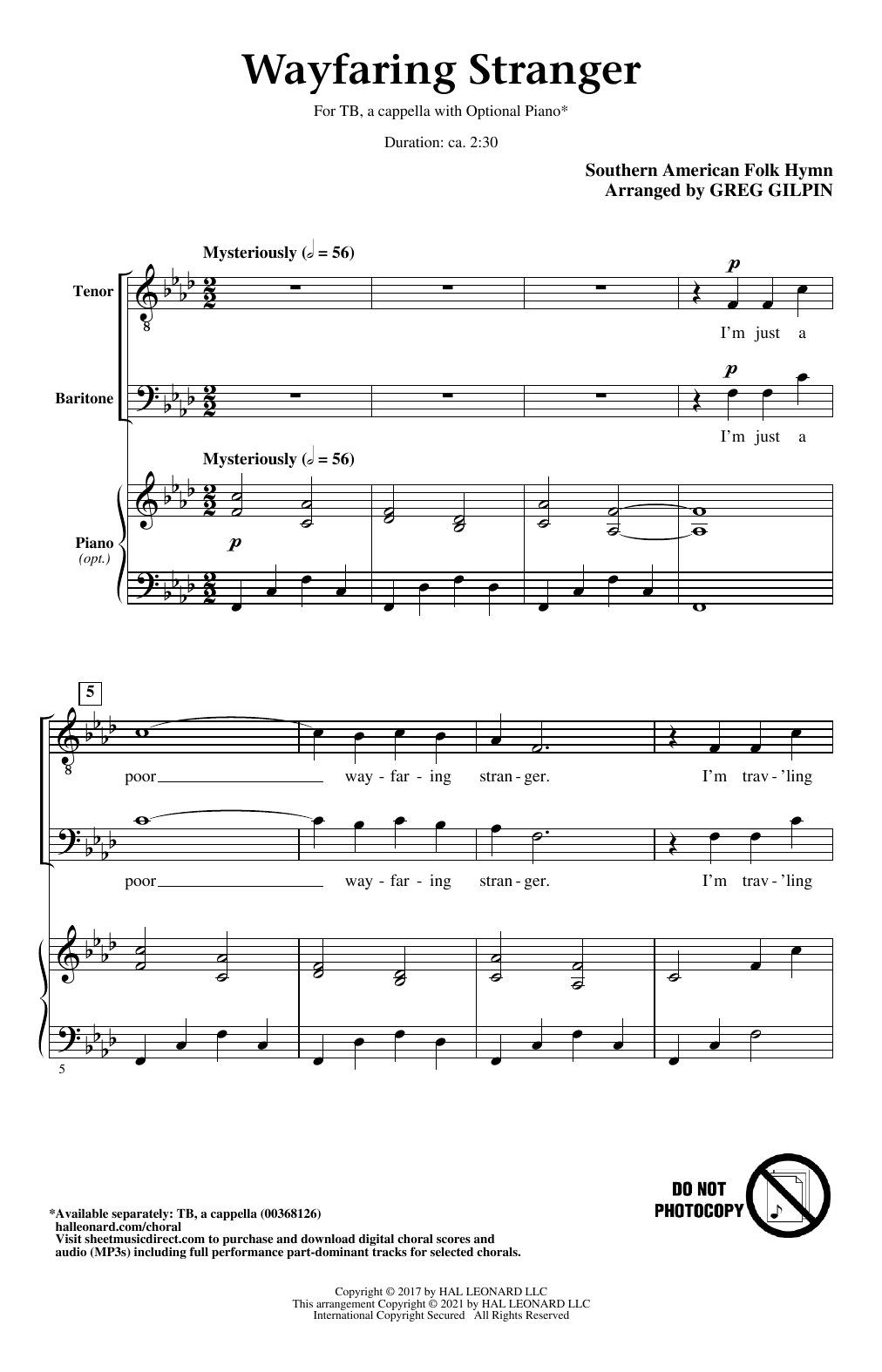Southern American Folk Hymn Wayfaring Stranger (arr. Greg Gilpin) Sheet Music Notes & Chords for TB Choir - Download or Print PDF