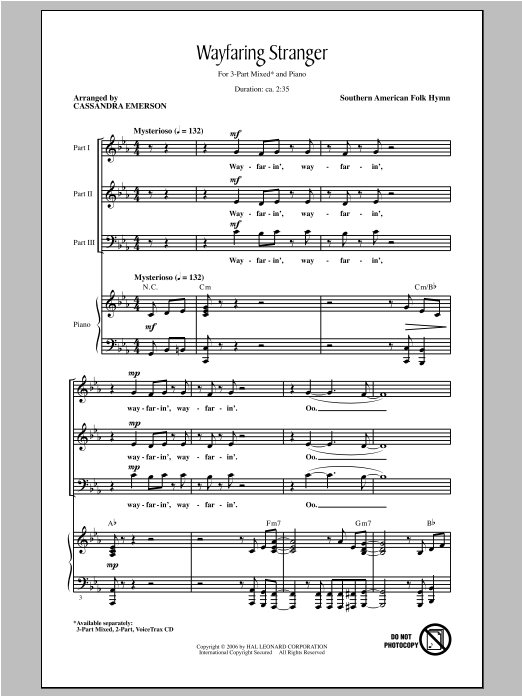 Cassandra Emerson Wayfaring Stranger Sheet Music Notes & Chords for 3-Part Mixed - Download or Print PDF