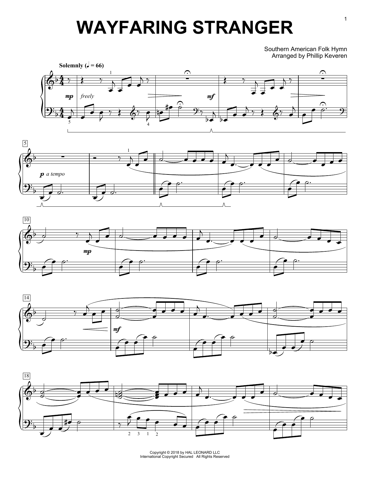 Southern American Folk Hymn Wayfaring Stranger [Classical version] (arr. Phillip Keveren) Sheet Music Notes & Chords for Piano - Download or Print PDF