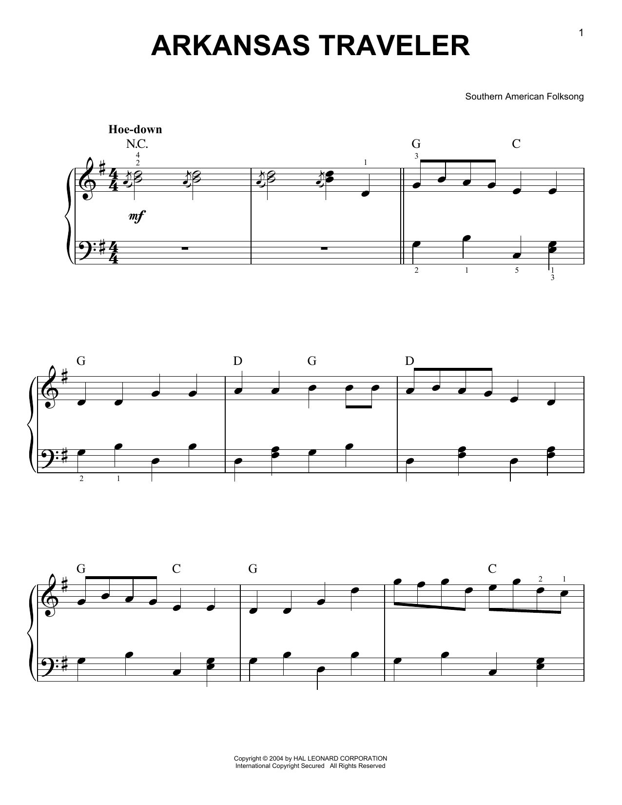 Southern American Folksong Arkansas Traveler Sheet Music Notes & Chords for Easy Piano - Download or Print PDF
