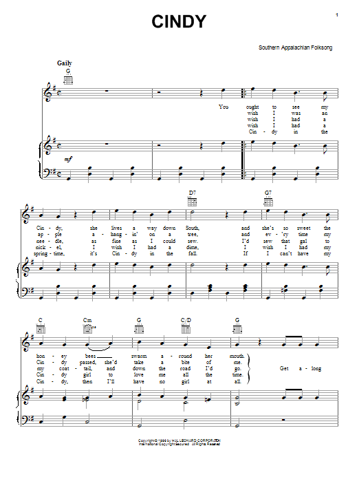 Southern Appalachian Folk Song Cindy Sheet Music Notes & Chords for Piano, Vocal & Guitar (Right-Hand Melody) - Download or Print PDF