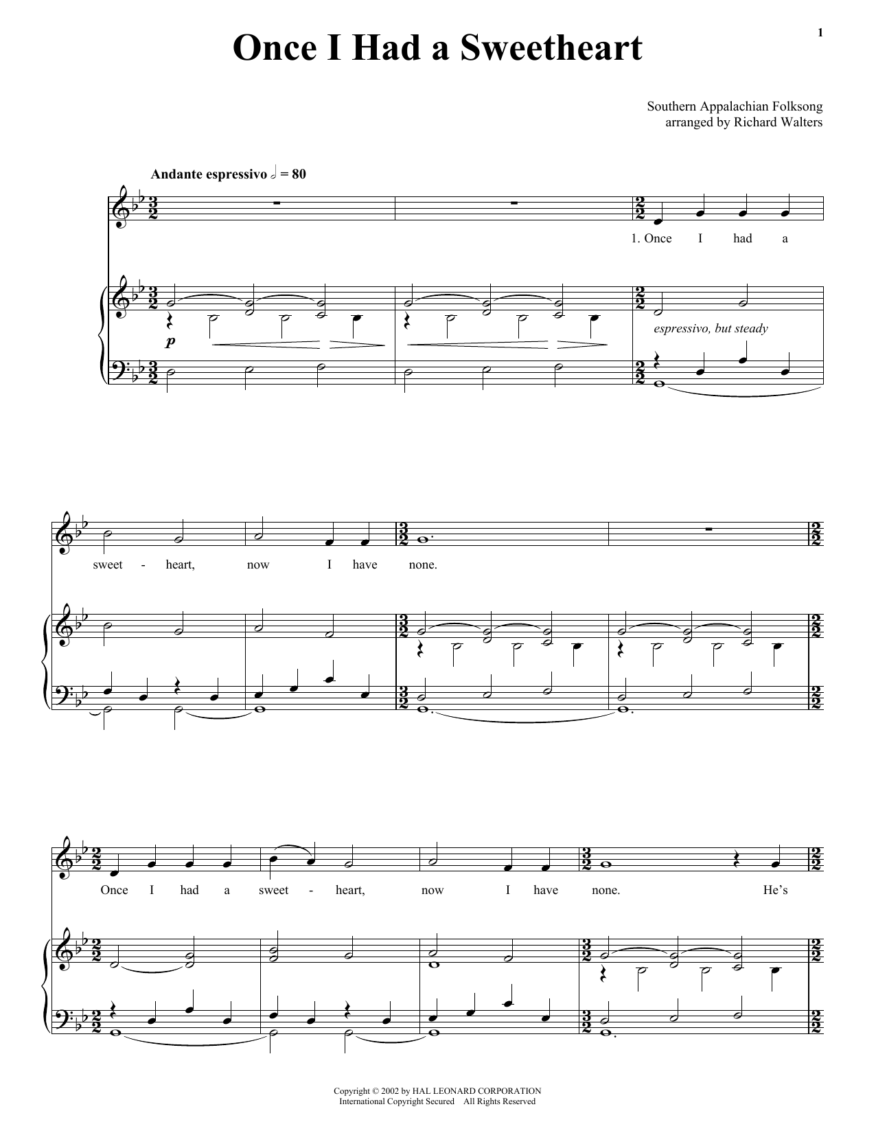 Southern Appalachian Folk Song Once I Had A Sweetheart Sheet Music Notes & Chords for Piano, Vocal & Guitar (Right-Hand Melody) - Download or Print PDF