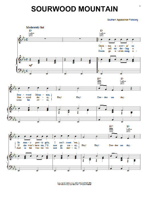 Southern Appalachian Folk Song Sourwood Mountain Sheet Music Notes & Chords for Piano, Vocal & Guitar (Right-Hand Melody) - Download or Print PDF