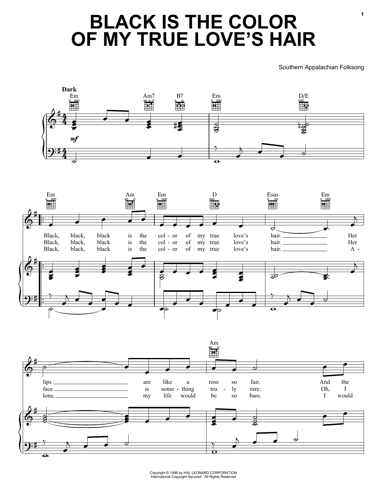 Southern Appalachian Folksong Black Is The Color Of My True Love's Hair Sheet Music Notes & Chords for Melody Line, Lyrics & Chords - Download or Print PDF