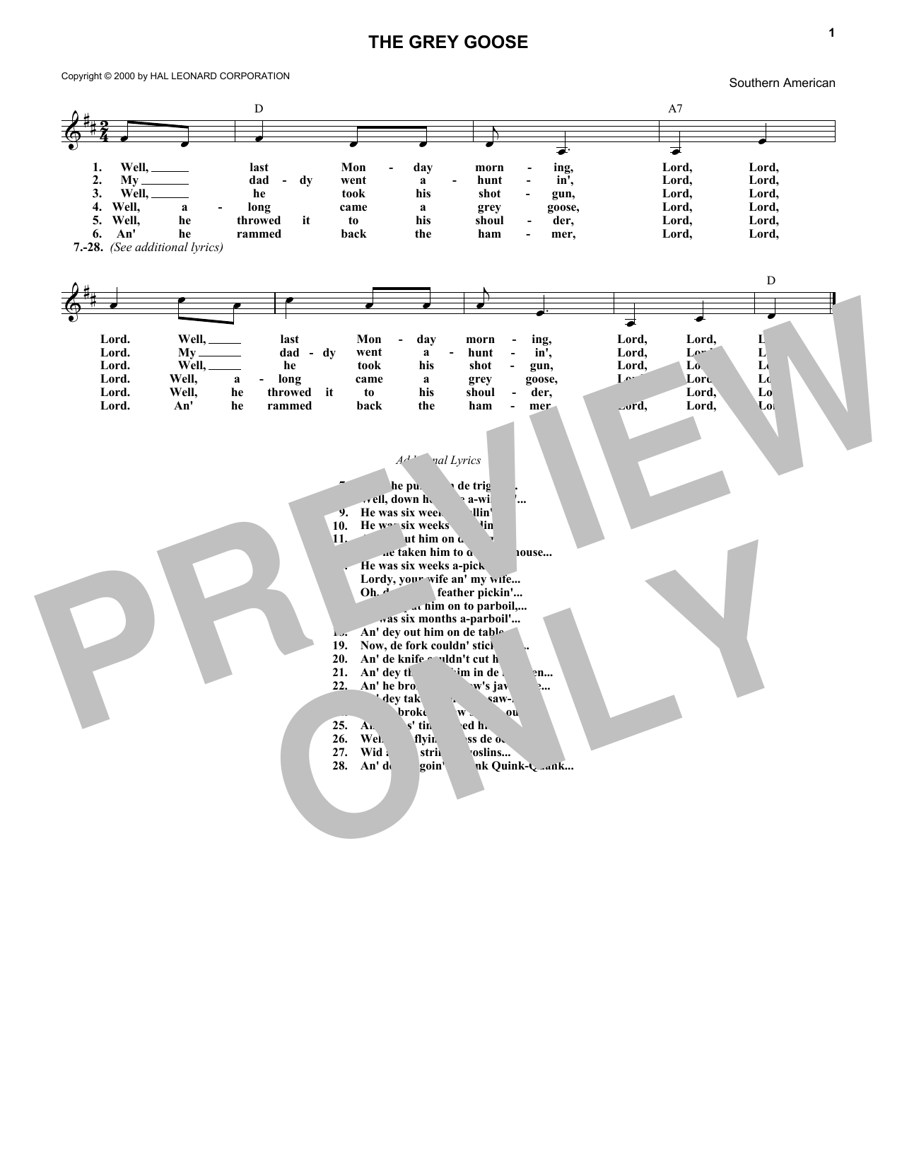 Southern Folksong The Grey Goose Sheet Music Notes & Chords for Melody Line, Lyrics & Chords - Download or Print PDF