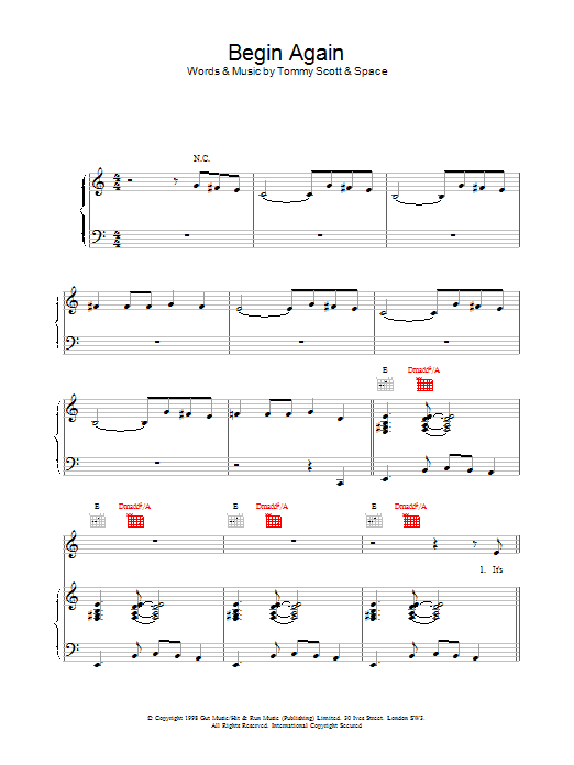 Space Begin Again Sheet Music Notes & Chords for Piano, Vocal & Guitar - Download or Print PDF